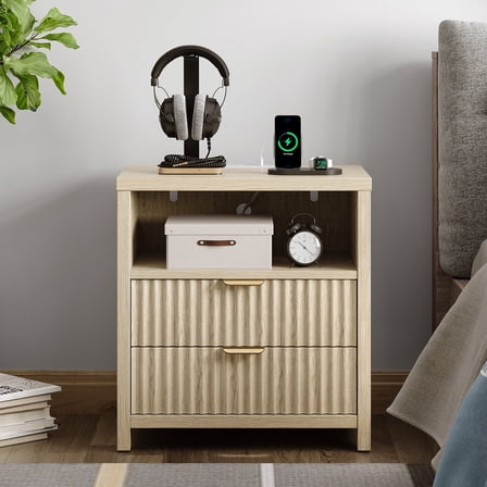 Satifur Modern Fluted Nightstand with Charging Station & 2 Storage Drawer for Bedroom,Light Oak Grain