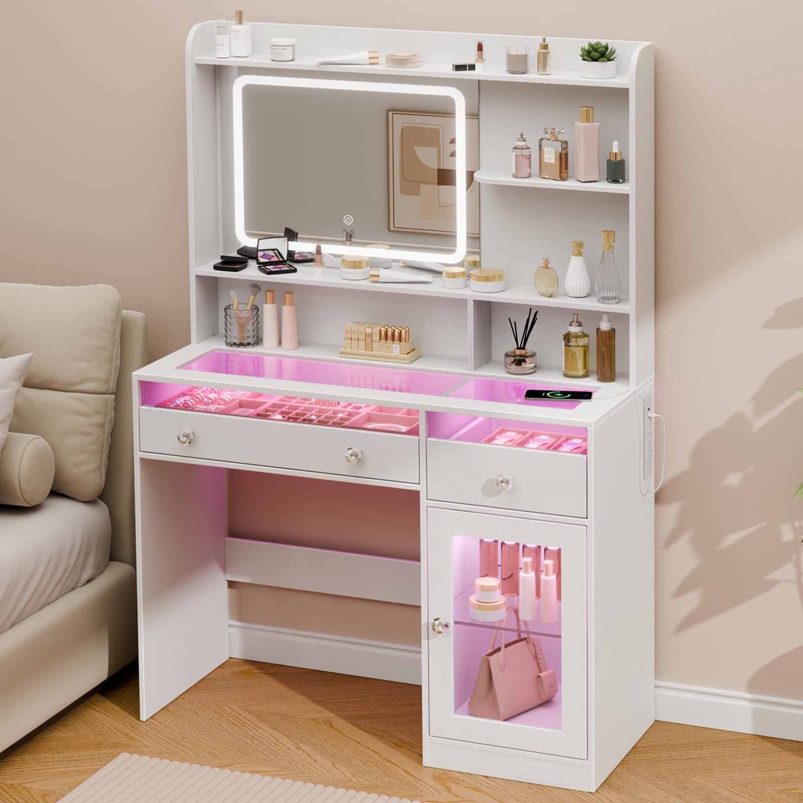 Satifur Modern LED Vanity Desk with Charging Station & Storage, White Makeup Table for Bedroom