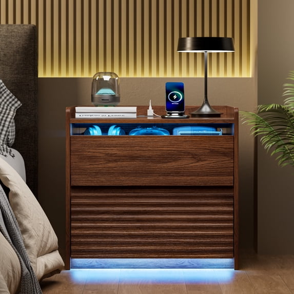Satifur Nightstand with Charging Station and Smart LED Lights, Modern Fluted Bedside Table with 2 Drawers, End Table for Bedroom and Living Room, American Walnut