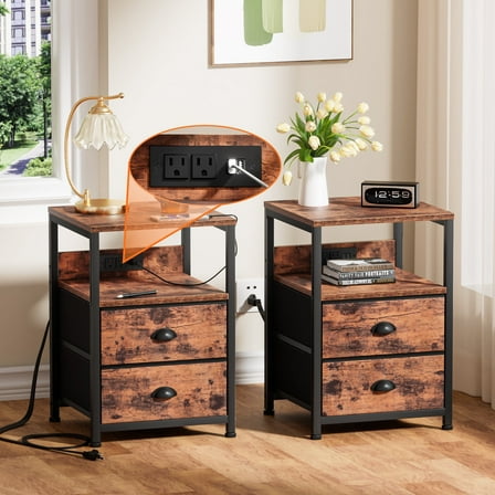 Satifur Nightstand Set of 2, Side End Table with Charging Station, 2 Drawers, Rustic Brown
