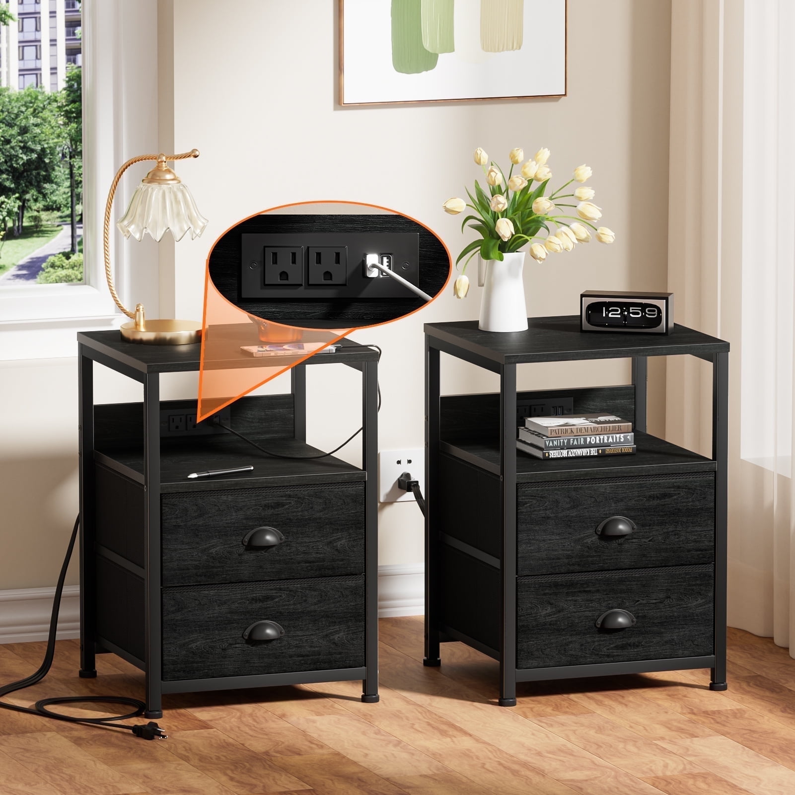 VECELO Nightstand, Modern Tempered Glass End Table, Cabinet
