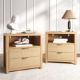 thumbnail image 1 of Satifur Nightstand Set of 2 with Rattan Style Finish & Charging Station, 2-Drawer Bedside Table with Open Shelf, for Bedroom Living Room, Natural Oak, 1 of 7