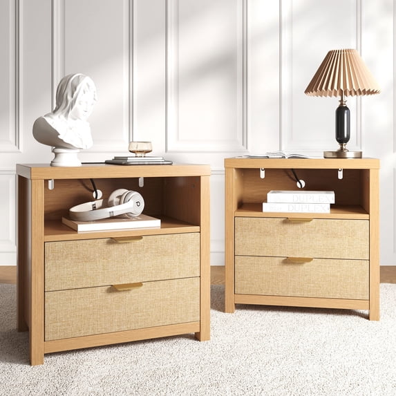Satifur Nightstand Set of 2 with Rattan Style Finish & Charging Station, 2-Drawer Bedside Table with Open Shelf, for Bedroom Living Room, Natural Oak