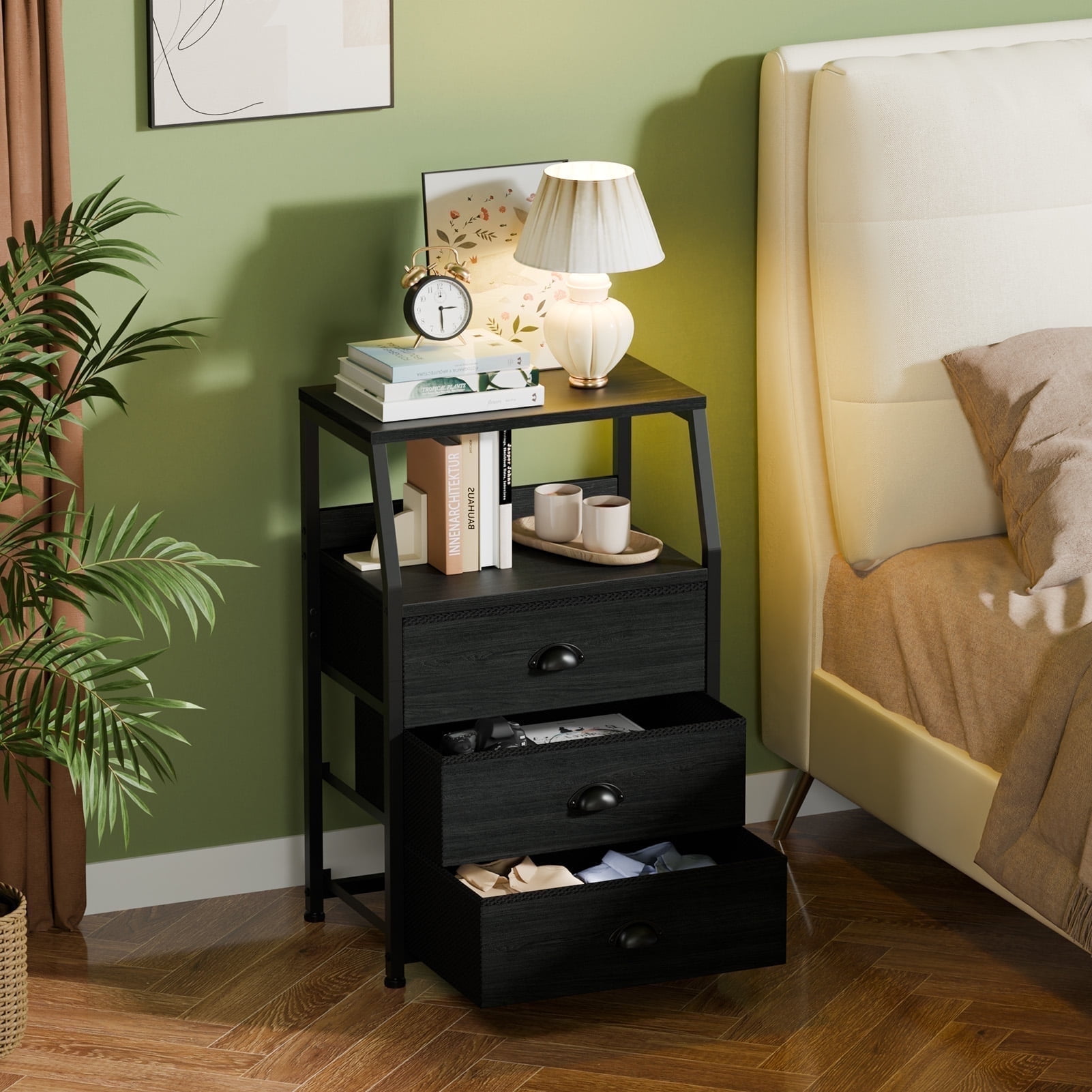 Satifur Nightstand,Vertical Dresser with Fabric Chest of Drawers & Storage for Bedroom,Living Room,Black Oak