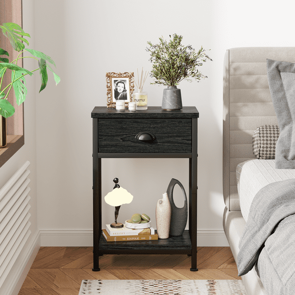 Satifur Nightstand for Bedroom,3-Tier End Table with Drawer,Black Oak Finish