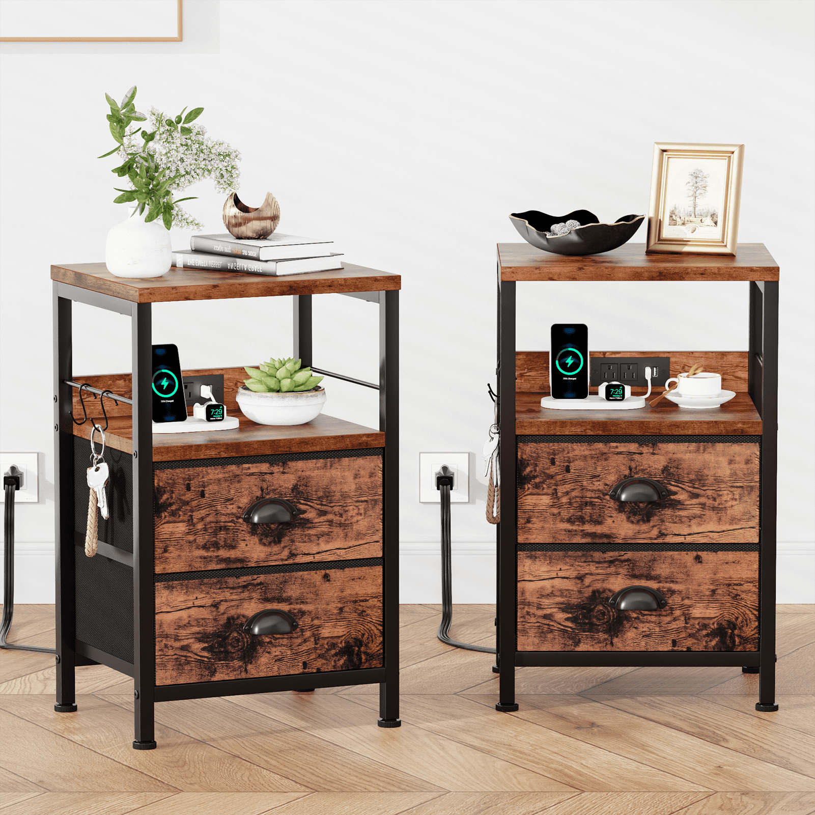 Satifur Nightstand with Charging Station, Bedside End Table with Fabric Drawers,Outlets & USB Ports, Rustic Brown,Set of 2