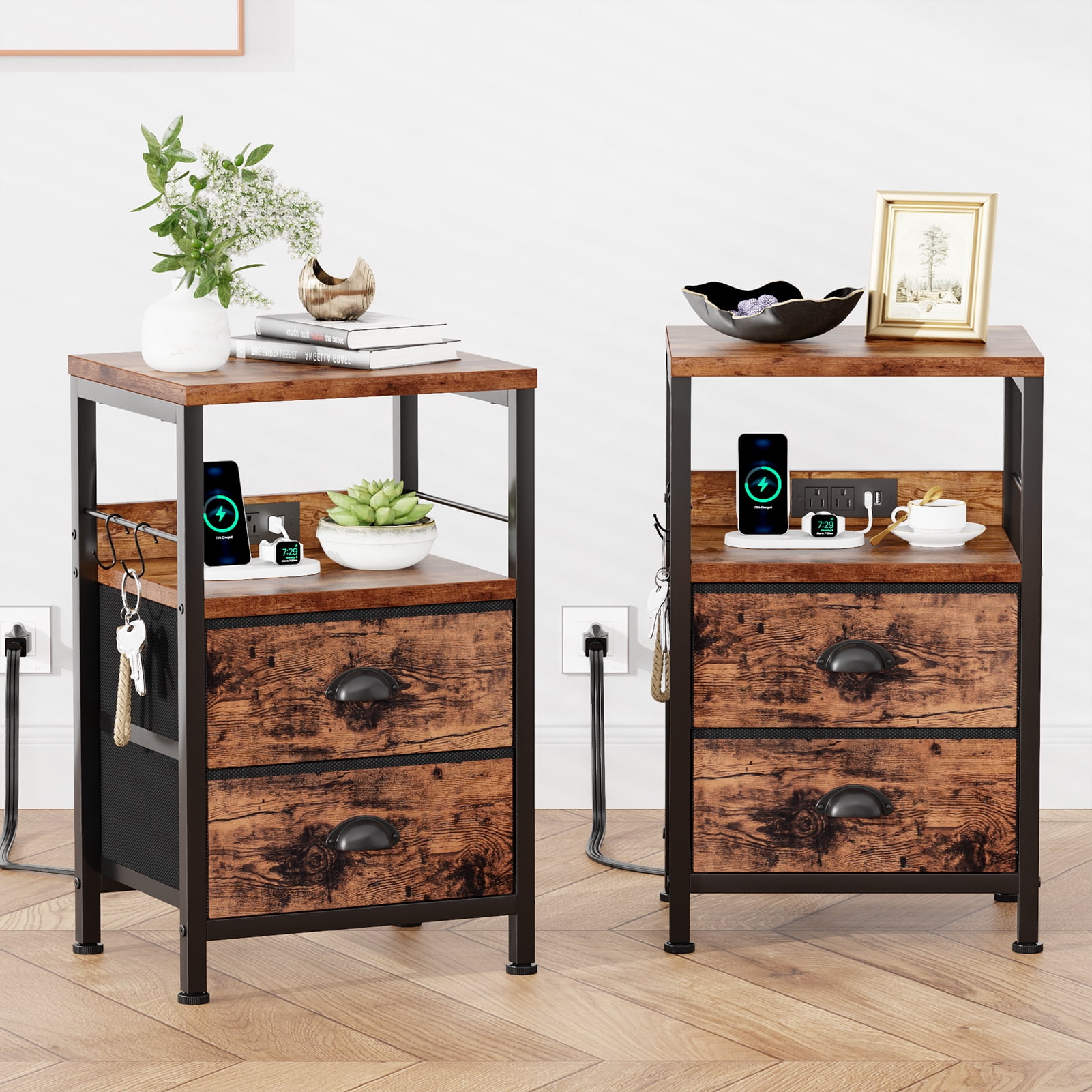 Satifur Nightstand with Charging Station, Bedside End Table with Fabric Drawers,Outlets & USB Ports, Rustic Brown,Set of 2