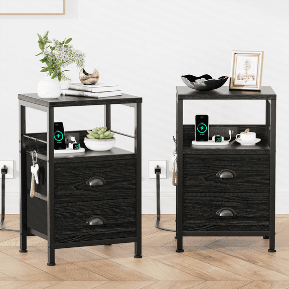 Satifur Nightstand with Charging Station, Set of 2 Bedside End Table with Fabric Drawers,Outlets & USB Ports,Black Oak
