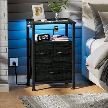 Satifur Nightstand with Charging Station and LED Lights,  Chest of 3 Fabric Drawers, Black