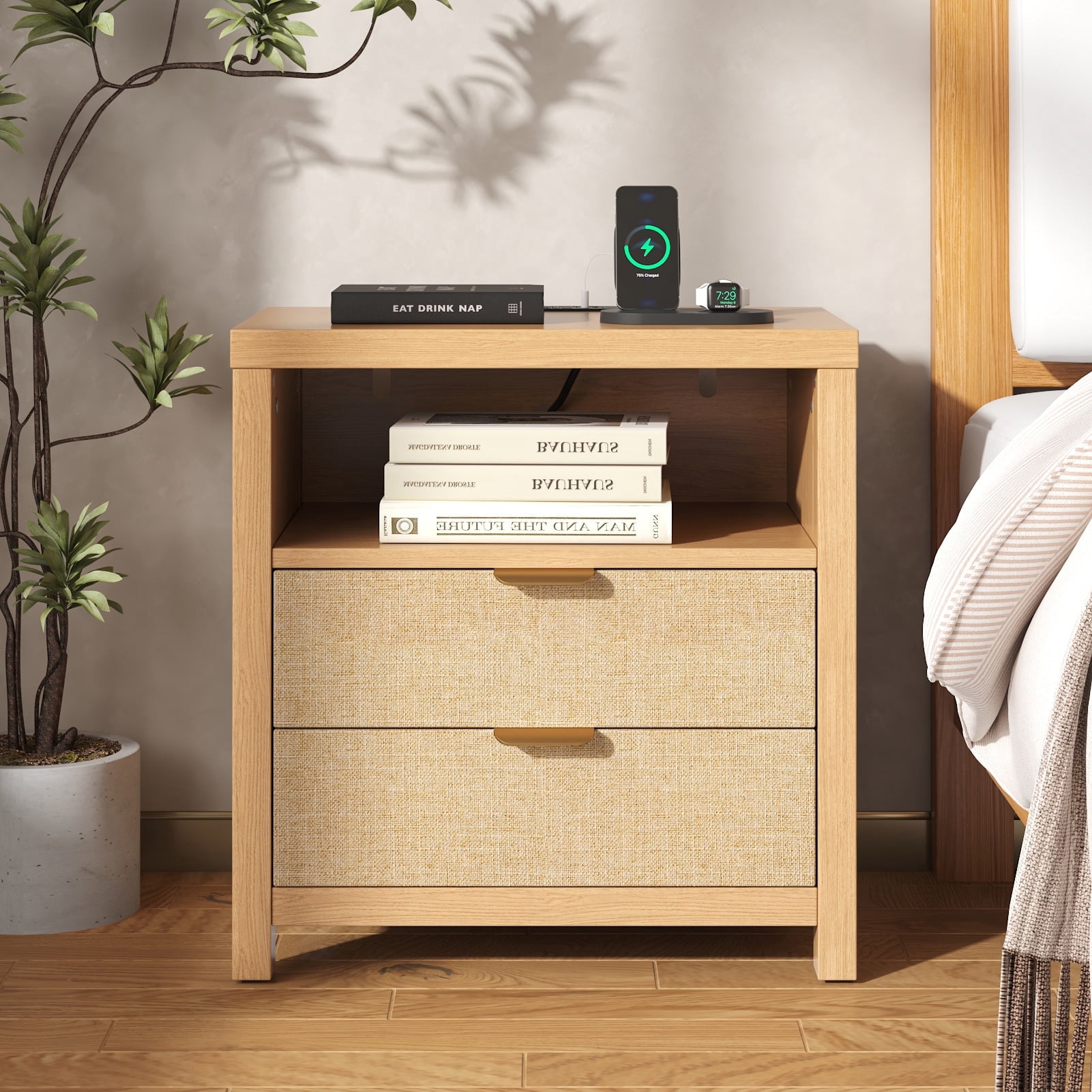 Satifur Nightstand with Rattan Style Finish & Charging Station, 2-Drawer Bedside Table with Open Shelf, for Bedroom Living Room, Natural Oak