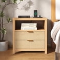 thumbnail image 1 of Satifur Nightstand with Rattan Style Finish & Charging Station, 2-Drawer Bedside Table with Open Shelf, for Bedroom Living Room, Natural Oak, 1 of 7