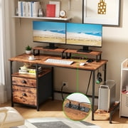 Satifur Office Desk with Drawers & Charging Station, Gaming Desk with Movable Monitor Stands, Corner Desk with Storage Shelves & File Cabinet, 47" Rustic Brown