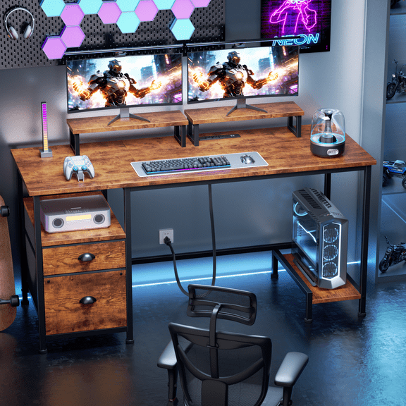 Satifur Office Desk with Drawers and Charging Station, Gaming Desk with Movable Monitor Stands, Corner Desk with Storage Shelves and File Cabinet, 55" Rustic Brown