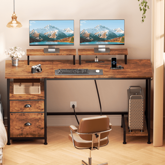Satifur 55" Rustic Brown Computer Office Desk with Drawers & Charging Station, Gaming Desk with Movable Monitor Stands, Storage Shelves & File Cabinet