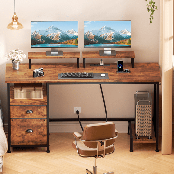 Satifur 55 Inch Computer Desk with 2 Drawers, Home Office Desk with Monitor Stands and Power Ports, Rustic Brown Heavy Duty Wooden Workstation