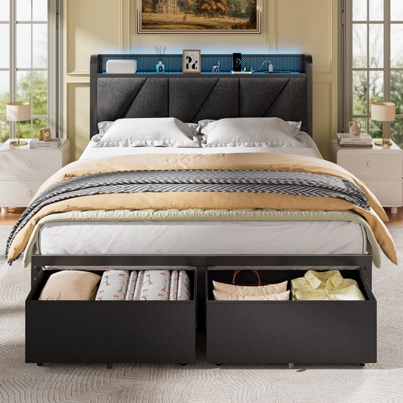 Satifur Queen Bed Frame with 2 Storage Drawers and Upholstered Storage Headboard, Metal Platform Bed with Charging Station & LED, Noise-Free, No Box Spring Needed, Dark Grey & Black