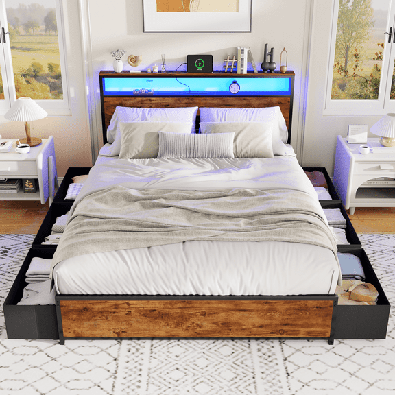 Satifur Queen Bed Frame with 6 Storage Drawers, Metal Platform Bed Frame with 2-Tier Storage Headboard & LED, Built in Charging Station, Noise-Free, No Box Spring Needed, Rustic Brown