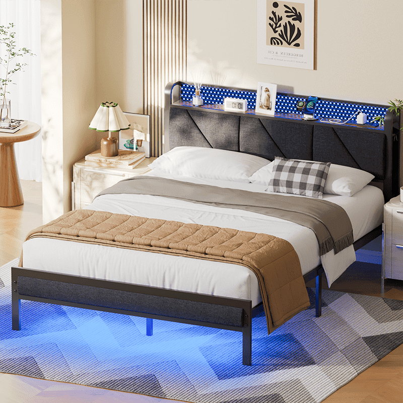 Satifur Queen Bed Frame Farmhouse Style with Storage Upholstered Headboard & Charging Station, Black