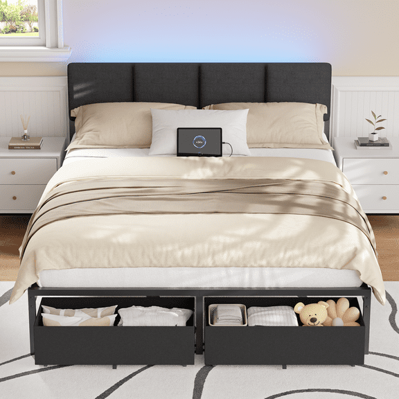 Satifur Queen Platform Bed Frame with 2 Under-Bed Storage Drawers, RGB LED Headboard & Charging Station (USB+Type-C+AC Outlets), Reinforced Metal Bed for Master Bedroom, No Box Spring Needed