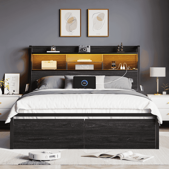 Satifur Queen Size LED Platform Bed Frame with Storage Drawers, USB & Type-C Ports, RGB Lights, Sturdy Metal Support, Ideal for Master Bedroom, No Box Spring Needed