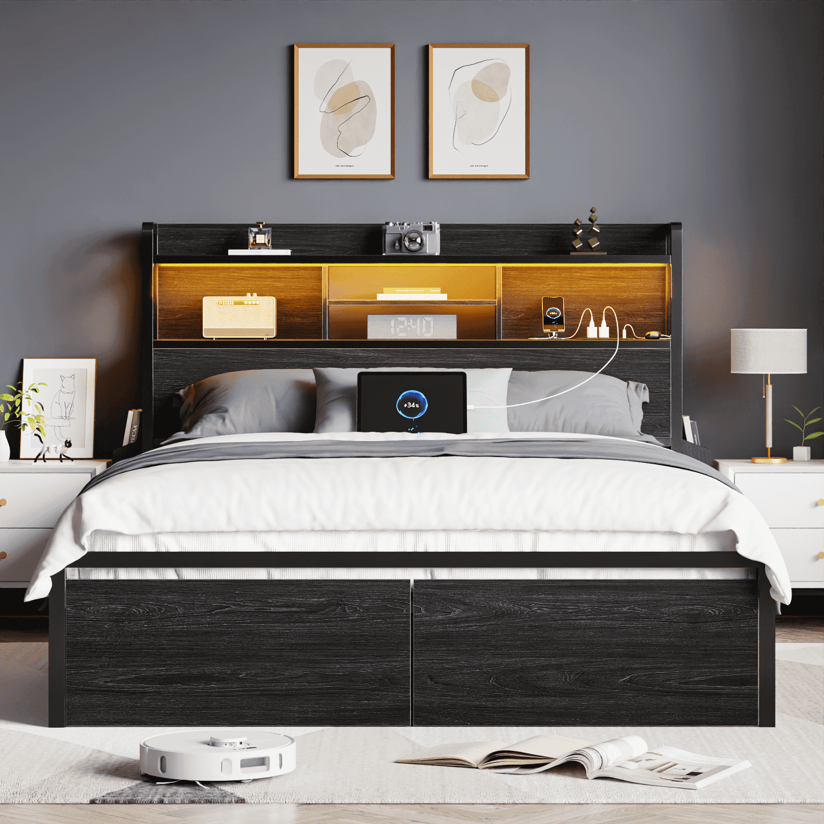 Satifur Queen Bed Frame with 2 Drawers & Headboard Storage Shelf, Noise Free, Black
