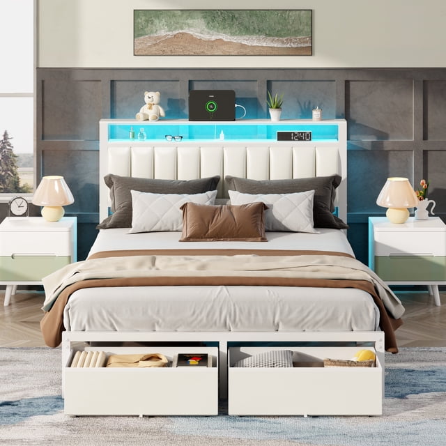 Satifur Queen Bed Frame with 2 Drawers & Storage Headboard, Platform ...