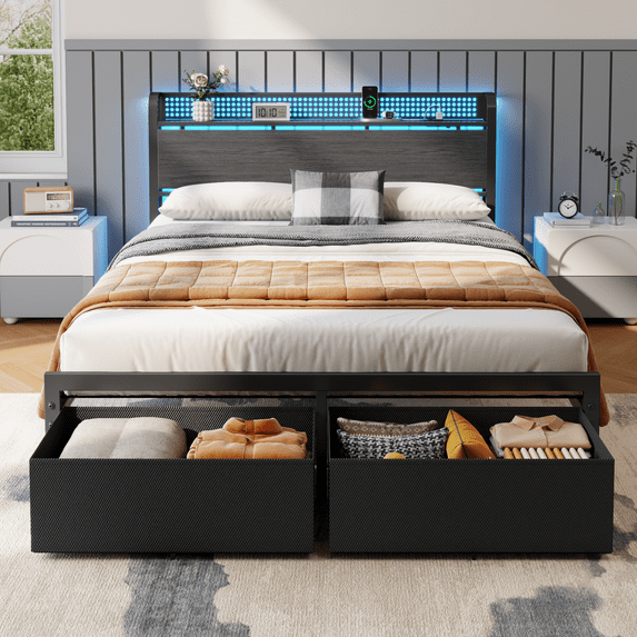 Satifur Queen Bed Frame with 2 Drawers & Storage Headboard, Platform Metal Bed with Charging Station, No Box Spring Needed, Rustic Grey