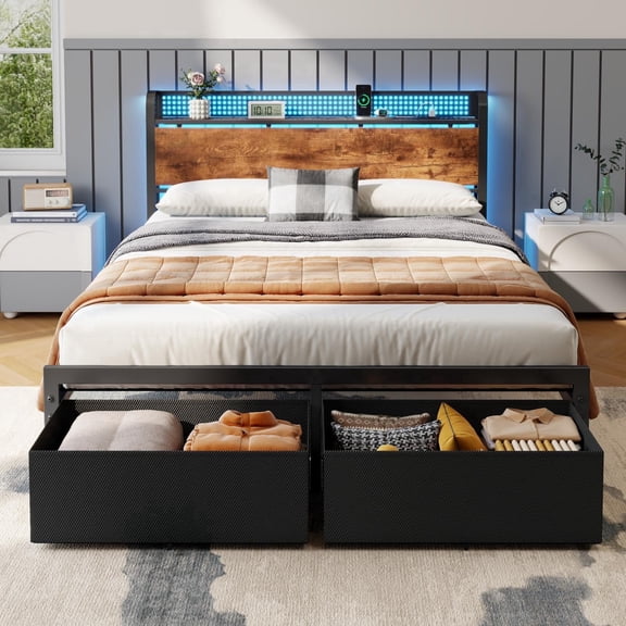 Satifur Queen Bed Frame with 2 Drawers & Storage Headboard, Platform Metal Bed with Charging Station, No Box Spring Needed
