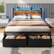 Satifur Queen Bed Frame with 2 Drawers & Storage Headboard, Platform Metal Bed with Charging Station, No Box Spring Needed