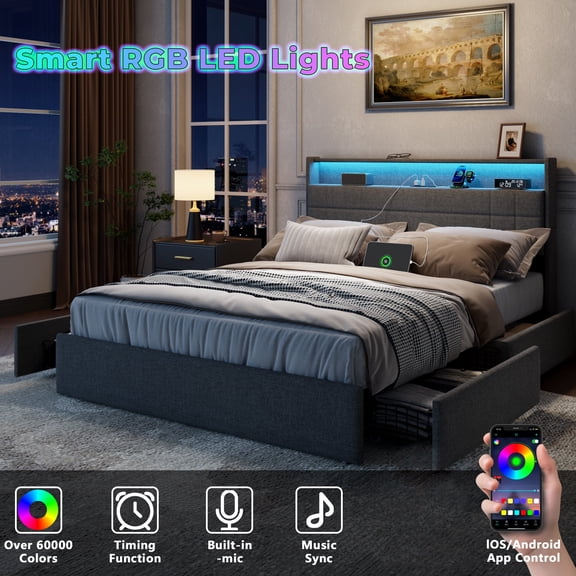 Satifur Queen Bed Frame with Storage Headboard, Platform Bed with 4 Drawers, Rivet Upholstered Bed Frame with LED Lights & Charging Station, Dark Grey