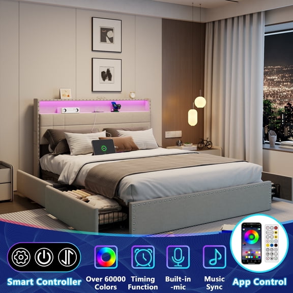 Satifur Queen Bed Frame with Storage Headboard, Platform Bed with 4 Drawers, Rivet Upholstered Bed Frame with LED Lights & Charging Station, Dark Grey