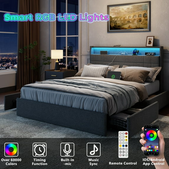 Satifur Queen Bed Frame with Storage Headboard, Platform Bed with 4 Drawers, Rivet Upholstered Bed Frame with LED Lights & Charging Station, Dark Grey