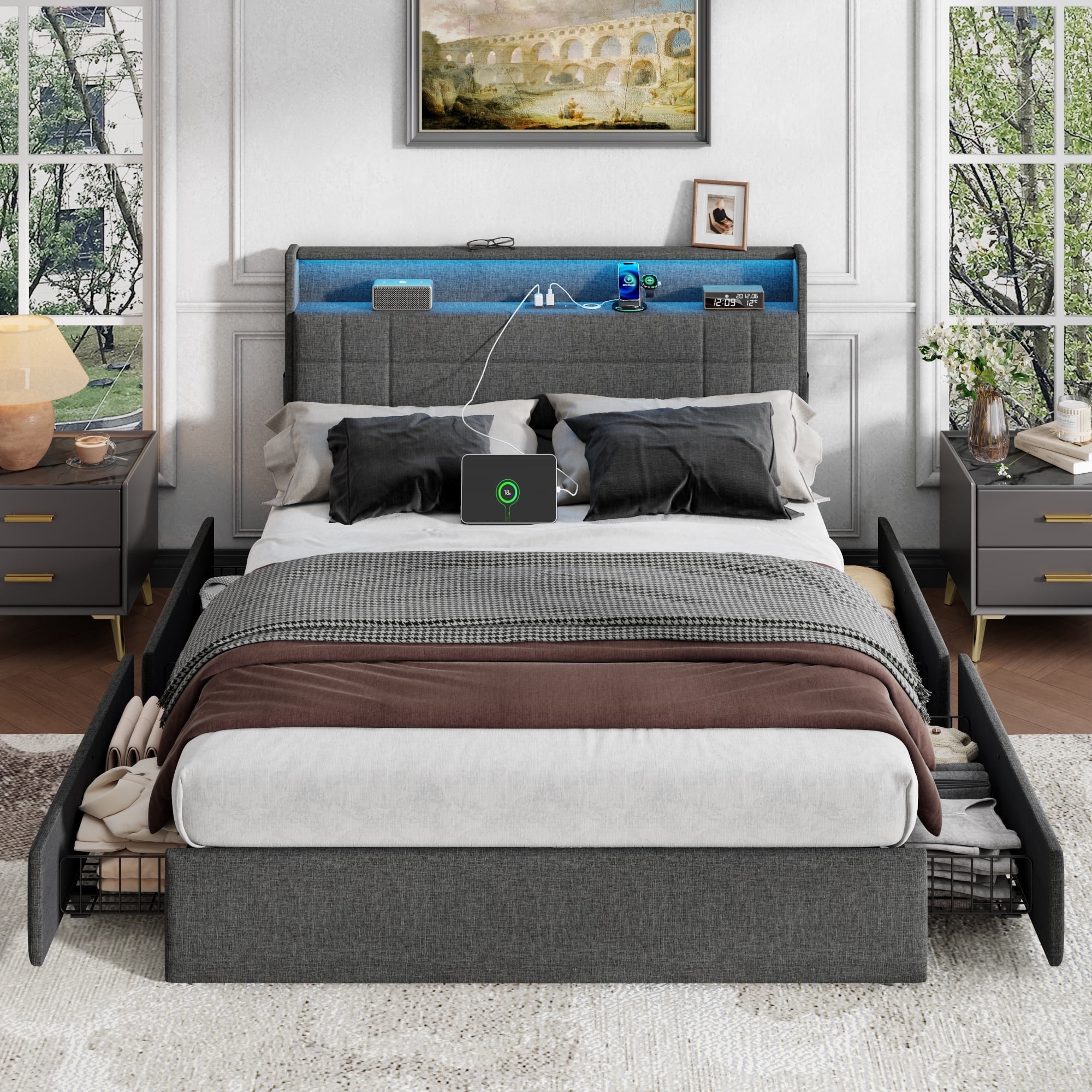 Satifur Queen Bed Frame with Charging Station, Queen Upholstered Rivet ...