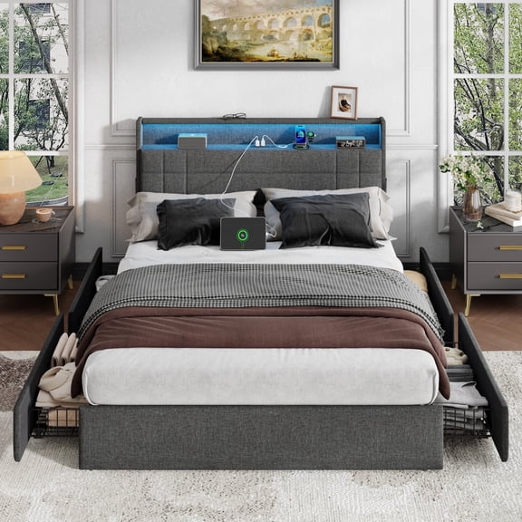 Satifur Queen Bed Frame with Charging Station, Queen Upholstered Rivet Storage Headboard Platform Beds, Noise-Free, Easy Assembly, Dark Grey