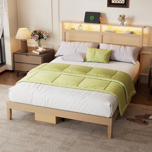 Satifur Queen Bed Frame with Headboard & Bookcase Storage Shelf, Rattan Beds with Charging Station and LED Lights, No Box Spring Needed