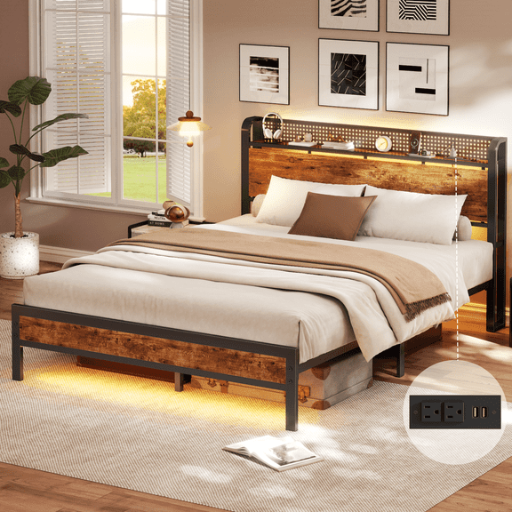 Satifur Queen Bed Frame with Headboard & Footboard, LED Storage Shelf, Rustic Vintage Wood, No Box Spring Needed