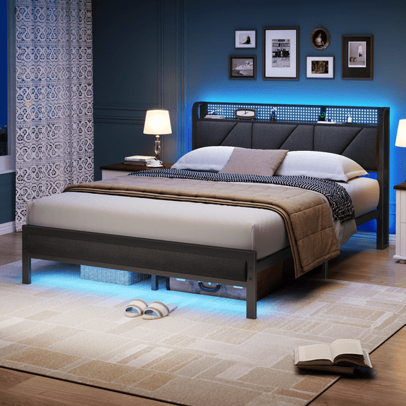 Satifur Queen Bed Frame with Upholstered Storage Headboard, Metal Platform Bed Station with Charging Station & LED, Noise-Free.No Box Spring Needed