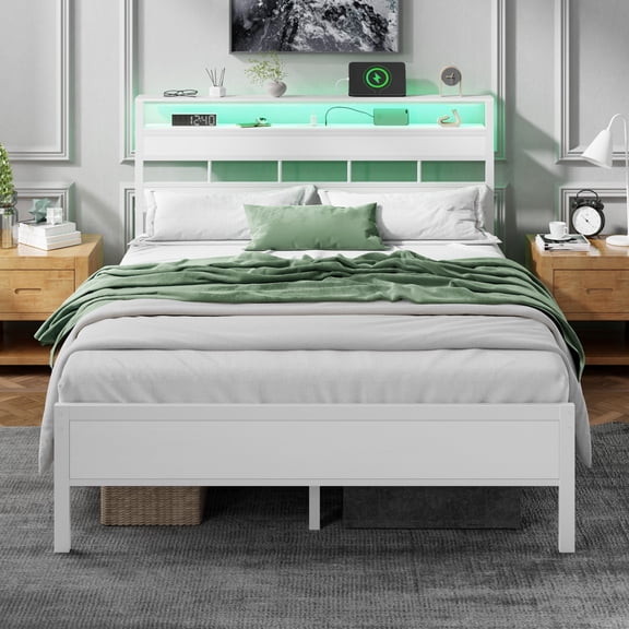 Satifur Queen Bed Frames with Charging Station and LED Lights, Queen Size Platform Bed with Wood Headboard & 2-Tier Storage Shelves, No Box Spring Needed, White