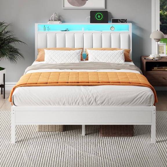 Satifur Queen Bed Frames with LED Lights & Charging Station, Platform Bed with Metal Slats, Headboard with 2-Tier Storage Shelves, No Box Spring Needed, White