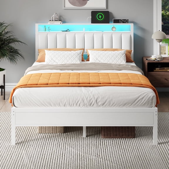 Satifur Queen Bed Frames with LED Lights & Charging Station, Platform Bed with Metal Slats, Headboard with 2-Tier Storage Shelves, No Box Spring Needed, White