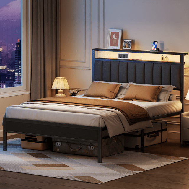 Satifur Queen LED Bed Frame with Smart RGB Lights, Headboard Charging Station, Versatile Storage Solution, Comfortable Upholstered Backrest, No Box Spring Needed