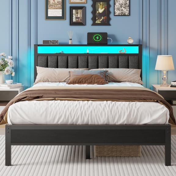 Satifur Queen LED Bed Frame with Smart RGB Lights, Headboard Charging Station, Versatile Storage Solution, Comfortable Upholstered Backrest, No Box Spring Needed