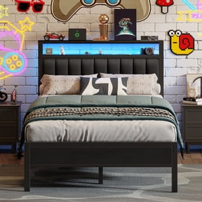 Satifur Queen LED Bed Frame with Smart RGB Lights, Headboard Charging Station, Versatile Storage Solution, Comfortable Upholstered Backrest, No Box Spring Needed