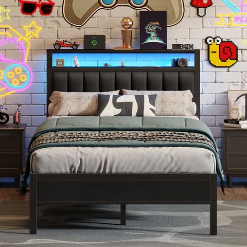 Satifur Queen LED Bed Frame with Smart RGB Lights, Headboard Charging Station, Versatile Storage Solution, Comfortable Upholstered Backrest, No Box Spring Needed