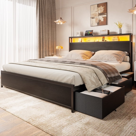 Satifur Queen LED Bed Frame with 6 Drawers, Headboard Charging Station, Versatile Storage Solution, No Box Spring Needed