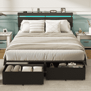 Satifur Queen Size Bed Frame with 2 Drawers & LED Lights & Charging Station, Beds with Headboard & 10.10" Under Bed Storage, No Box Spring Needed, Easy Assembly