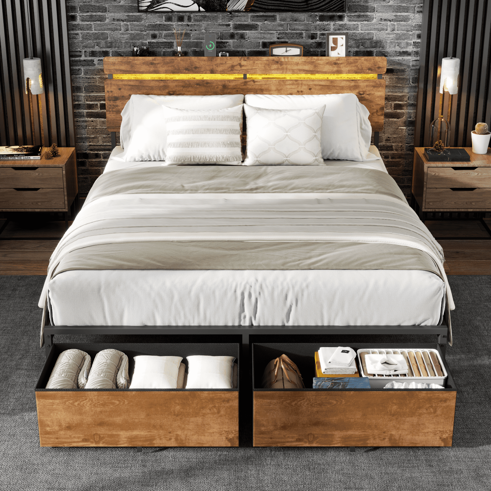 Walmart: Queen Size Bed Frame with 2 Drawers & LED Lights & Charging ...