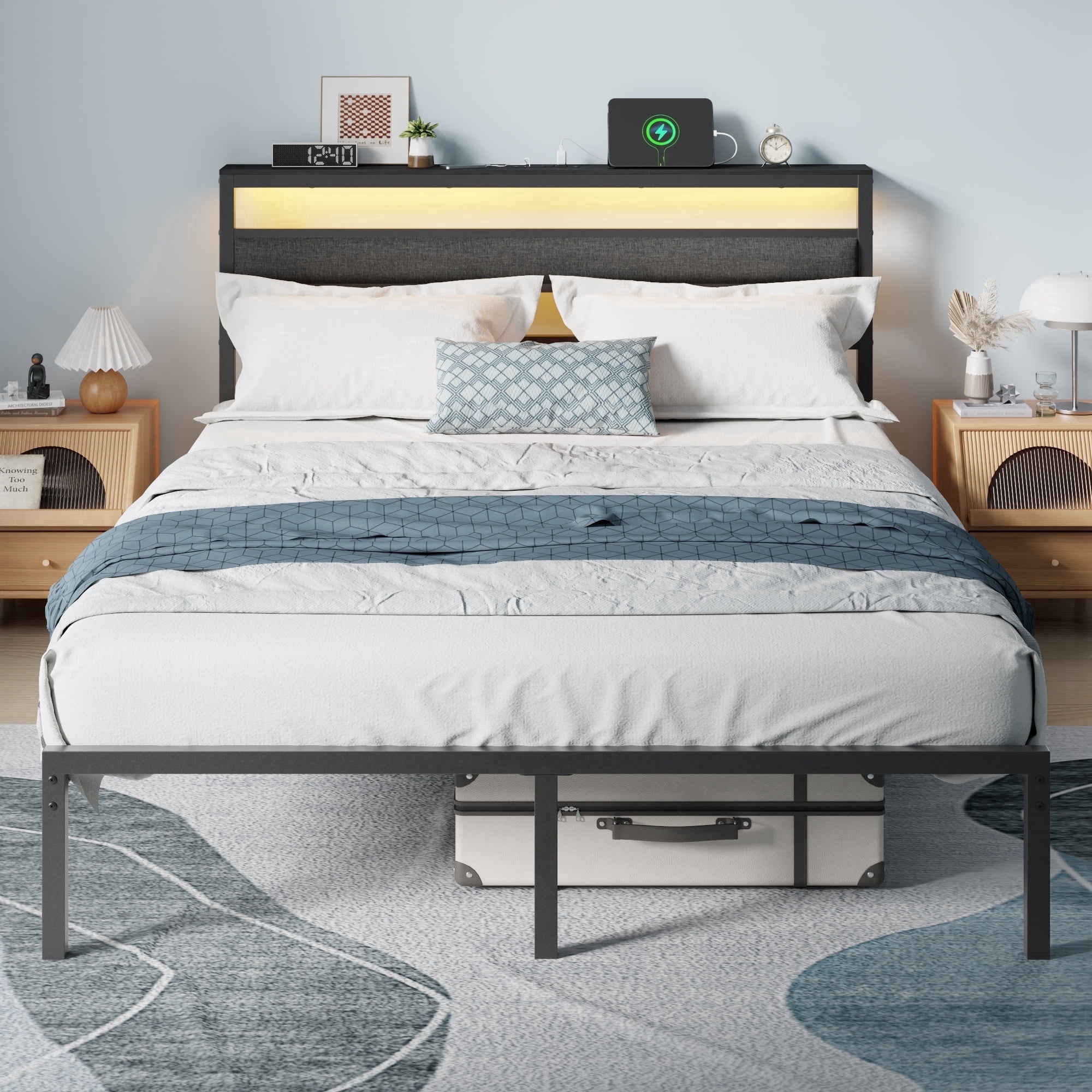 Satifur Queen Size Bed Frame with Upholstered Headboard & Shelf, LED Lights & USB Charging Station, Metal Black