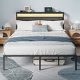 thumbnail image 1 of Satifur Queen Size Bed Frame with Upholstered Headboard & Shelf, LED Lights & USB Charging Station, Metal Black, 1 of 10