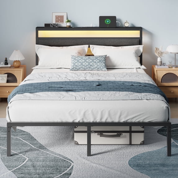 Satifur Queen Size Bed Frame with Upholstered Headboard & Shelf, LED Lights & USB Charging Station, Metal Black